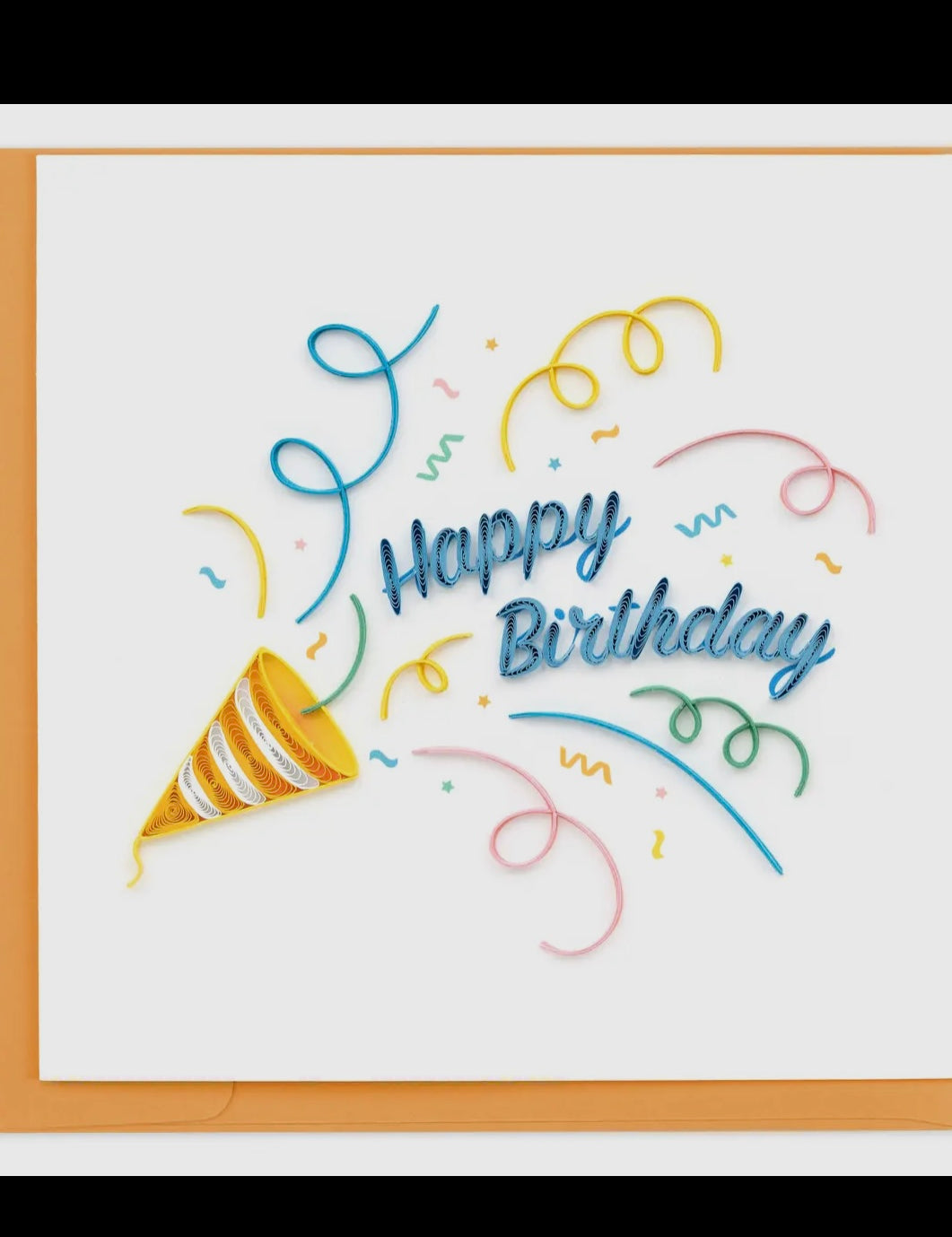 Embroidered card with 'Happy Birthday' text and party hat design.