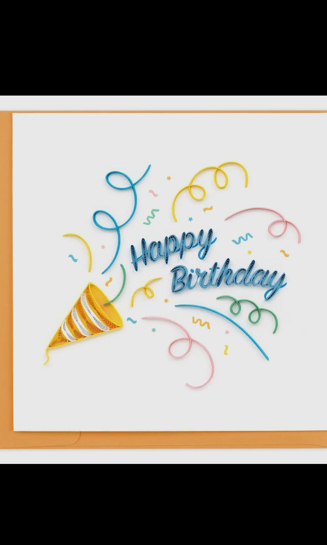 Embroidered card with 'Happy Birthday' text and party hat design.