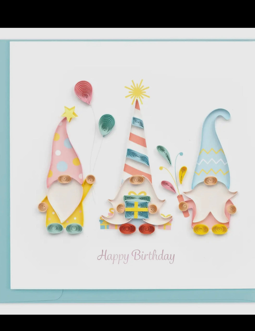 Birthday card with colorful gnomes and 'Happy Birthday' text on a white background.