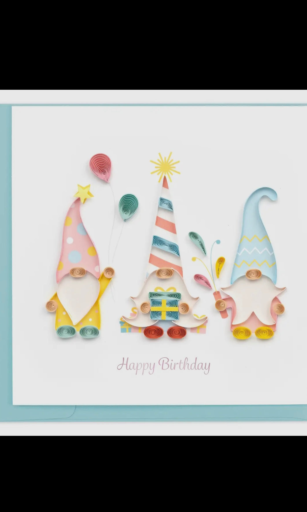 Birthday card with colorful gnomes and 'Happy Birthday' text on a white background.
