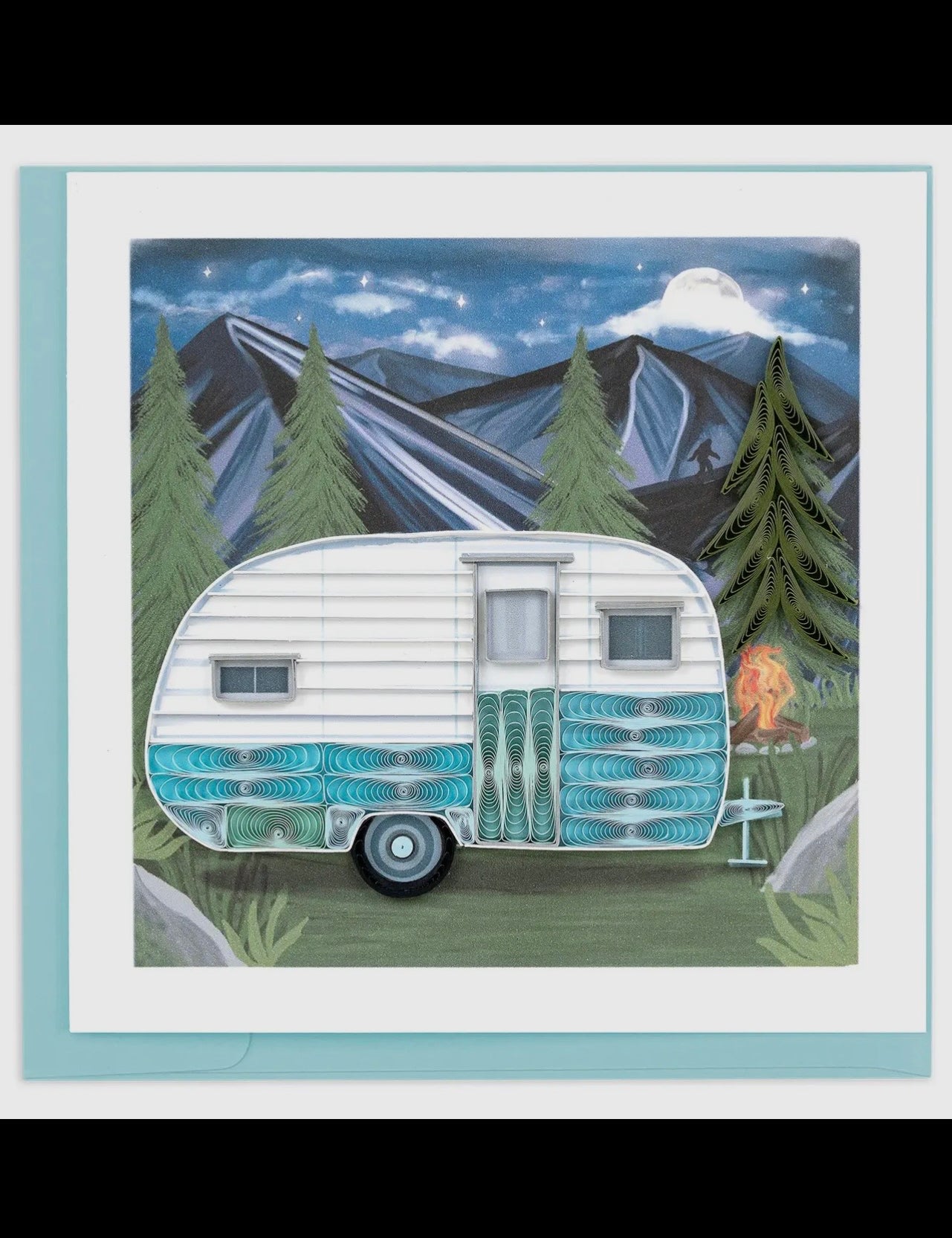 Illustration of a camper trailer in a forest with mountains in the background