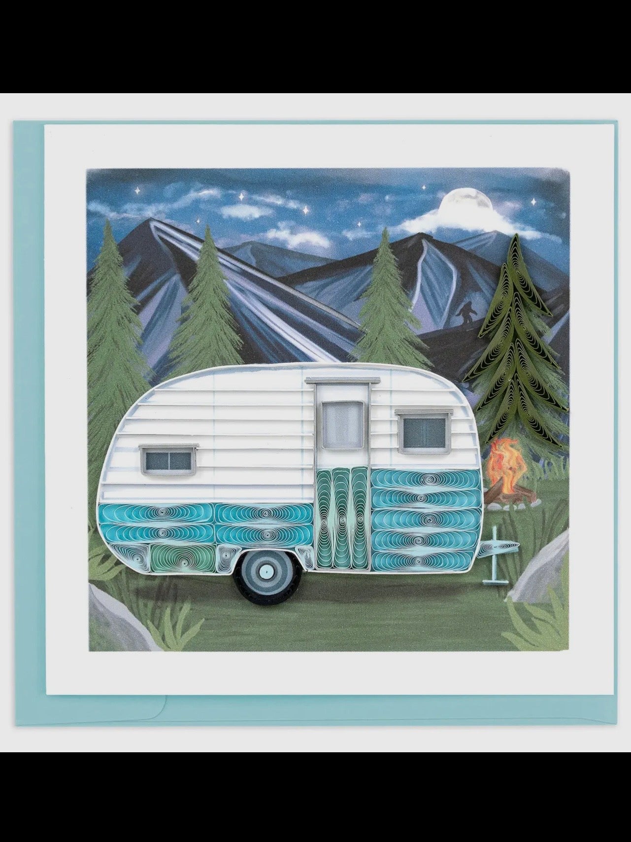 Illustration of a camper trailer in a forest with mountains in the background