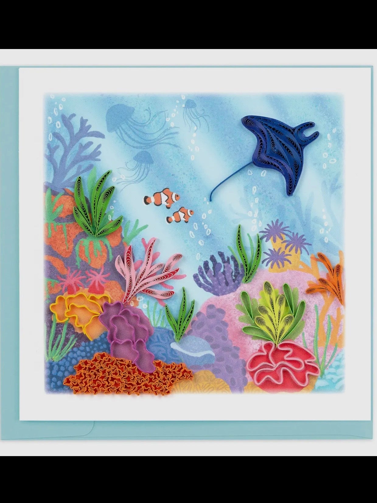 Colorful underwater scene with fish and coral on a light blue background
