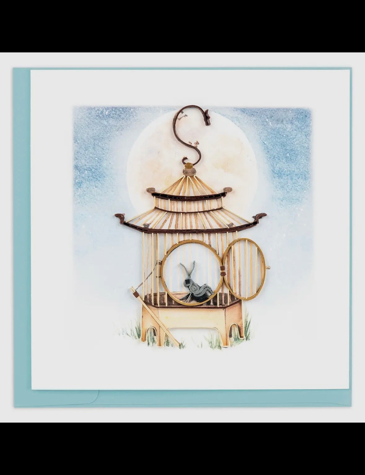 Decorative illustration of a birdcage with a rabbit inside, framed with a light blue border.