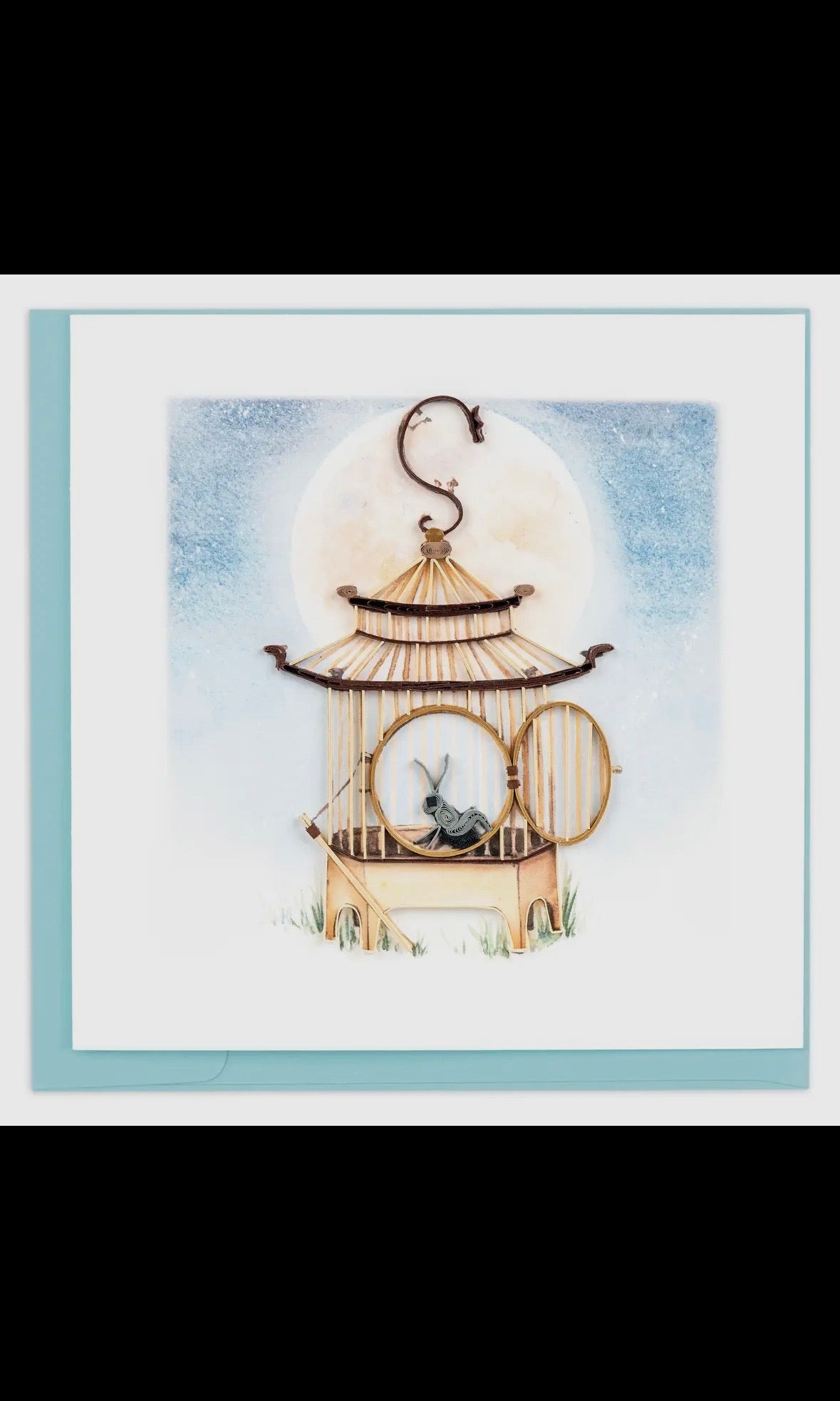Decorative illustration of a birdcage with a rabbit inside, framed with a light blue border.
