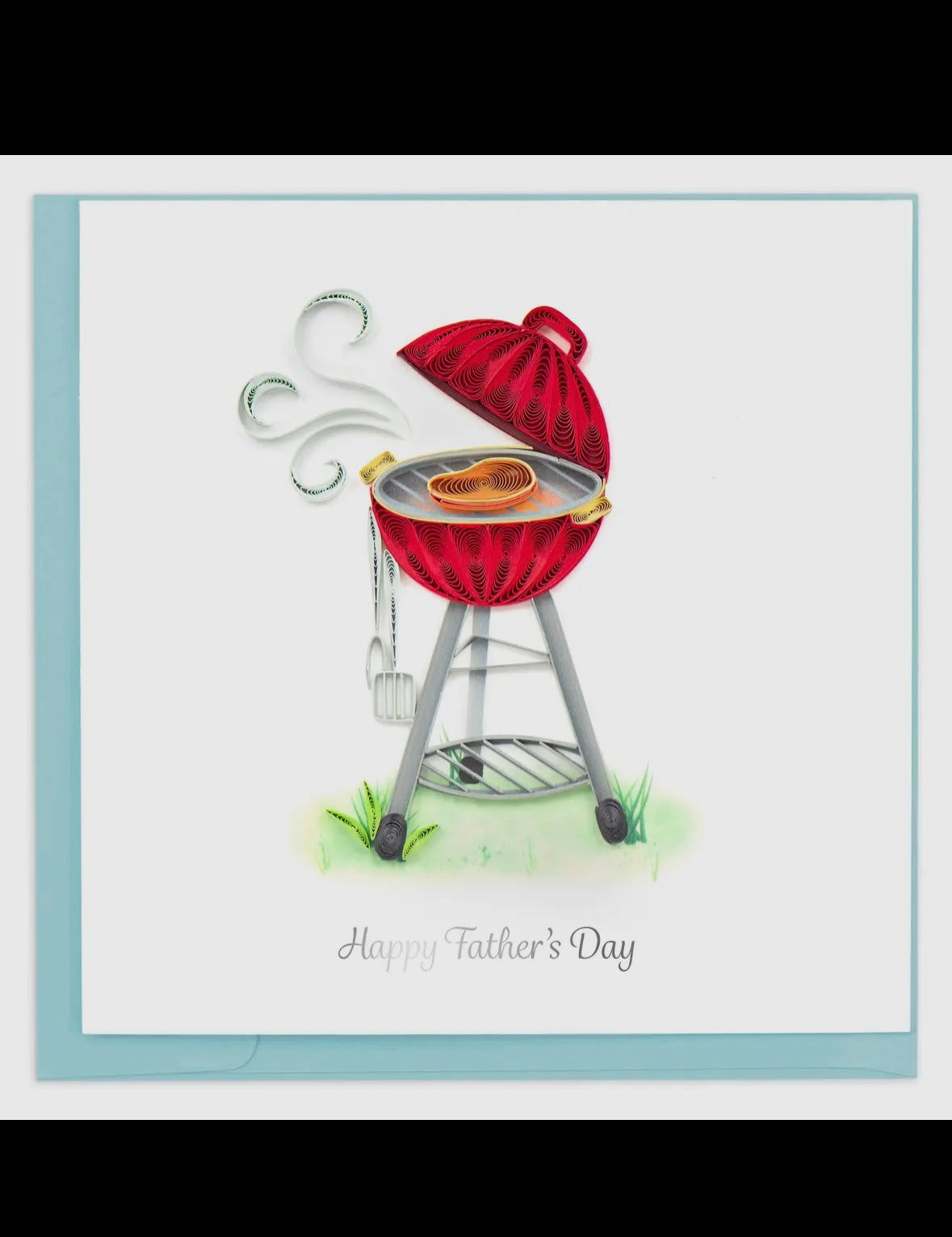 Card with a red barbecue grill illustration and 'Happy Father's Day' text on a light blue border.