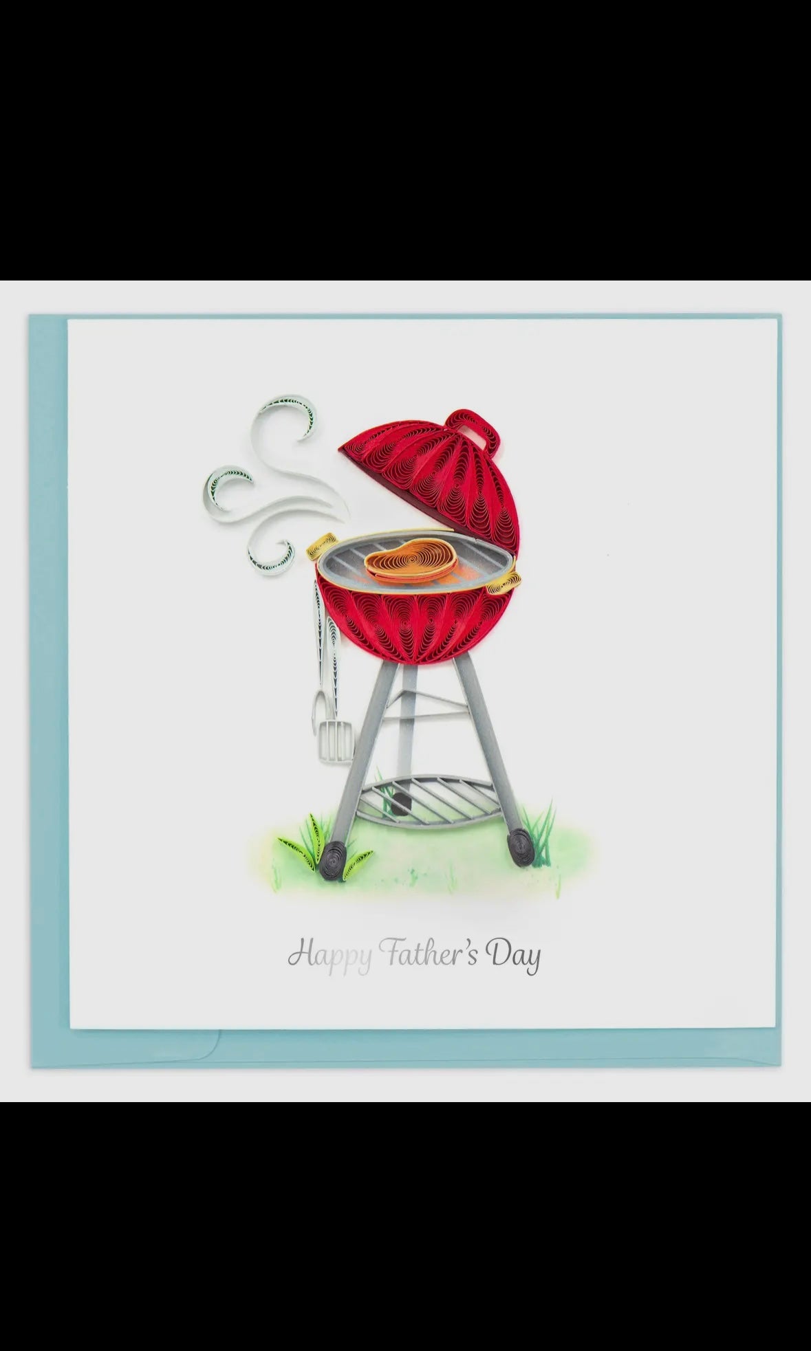 Card with a red barbecue grill illustration and 'Happy Father's Day' text on a light blue border.
