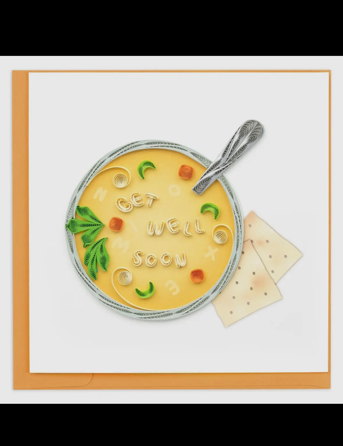 Card with a bowl of soup, crackers, and a spoon on a white background