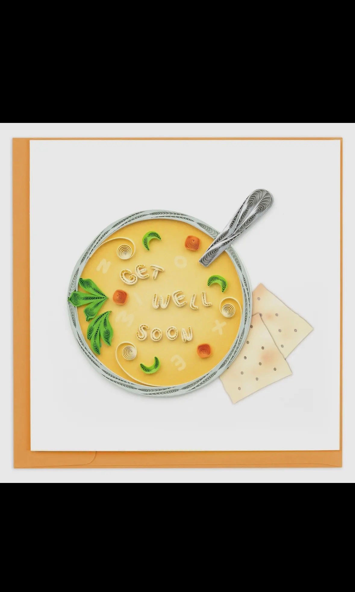 Card with a bowl of soup, crackers, and a spoon on a white background