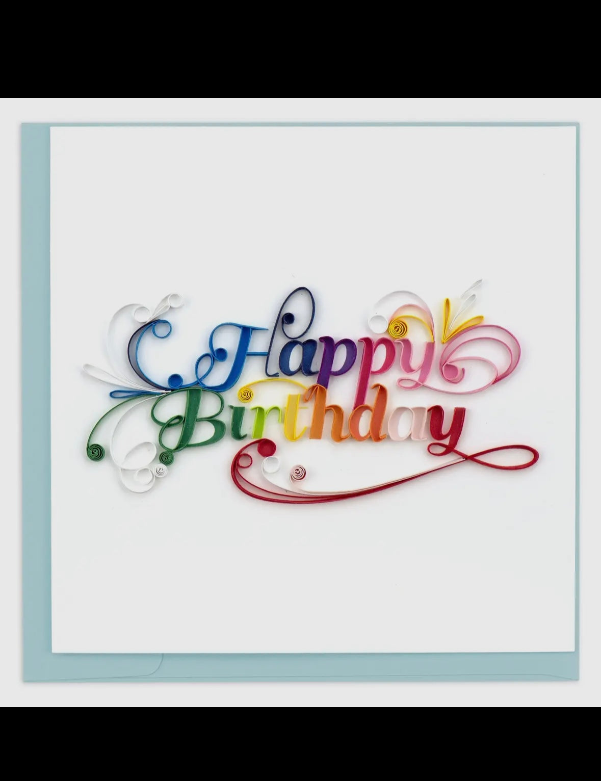 Colorful 'Happy Birthday' text on a white card with a light blue border.