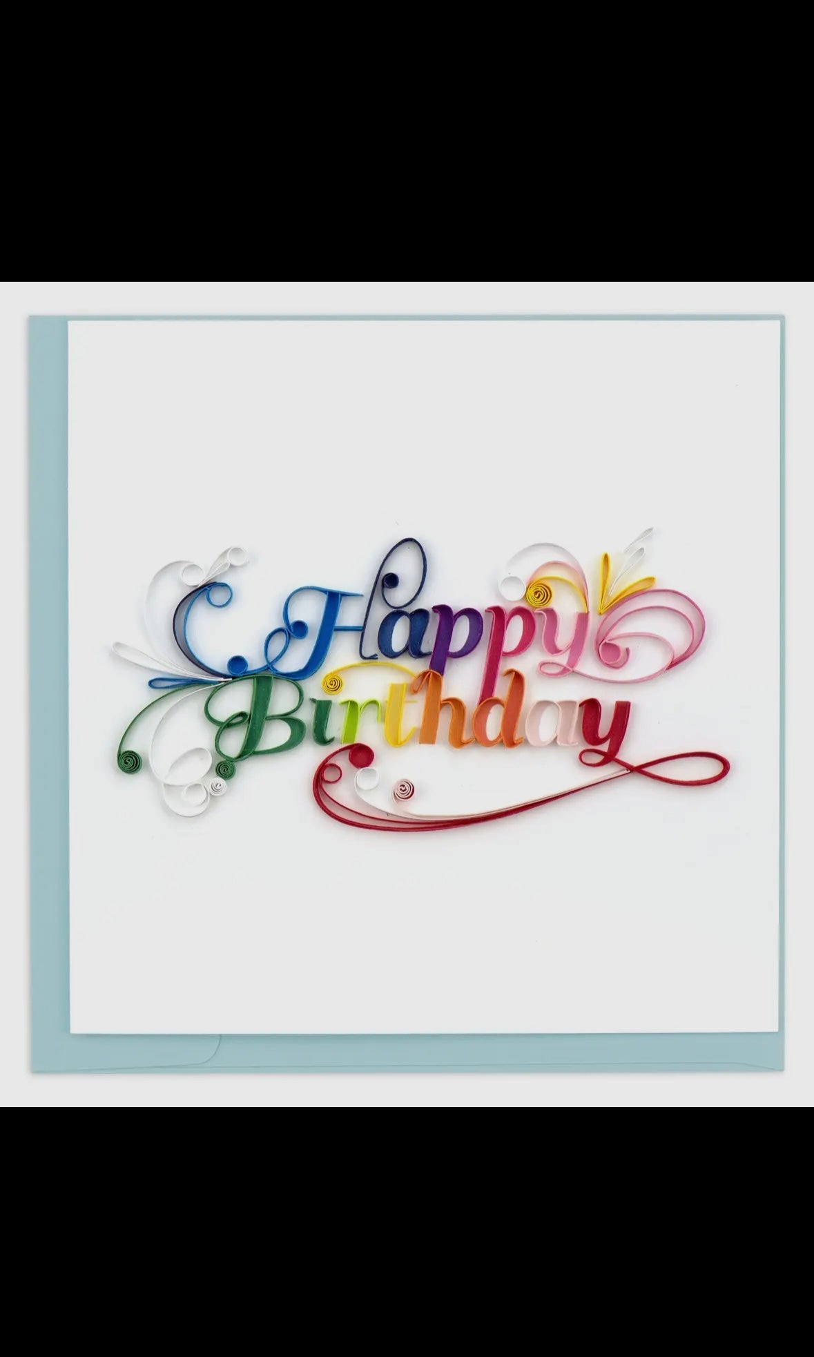 Colorful 'Happy Birthday' text on a white card with a light blue border.