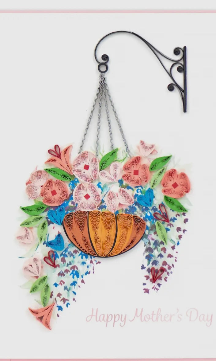 Decorative hanging basket with flowers and a heart on a white background, featuring 'Happy Mother's Day' text.