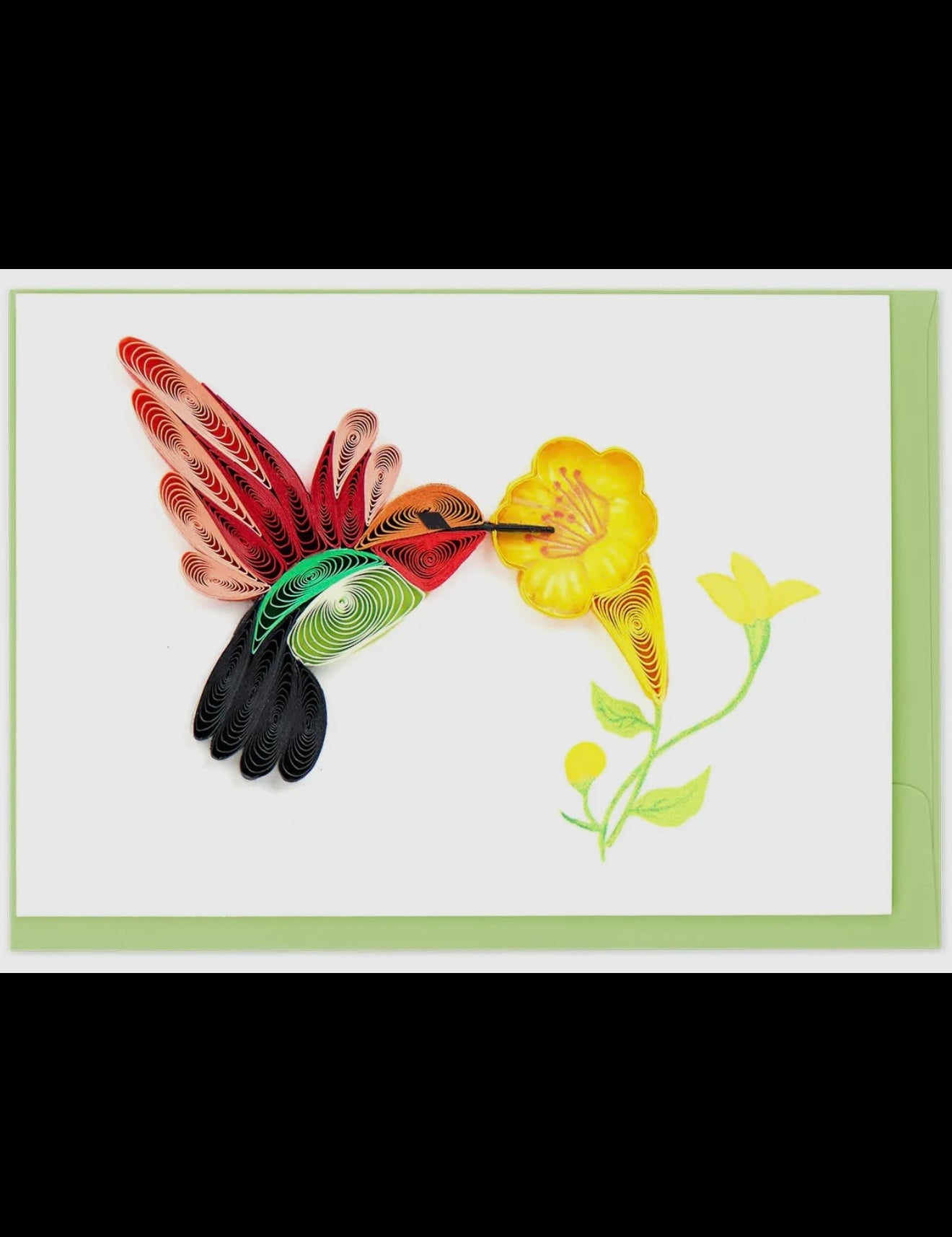 Quilled artwork of a hummingbird and flower on a white background with a green border.