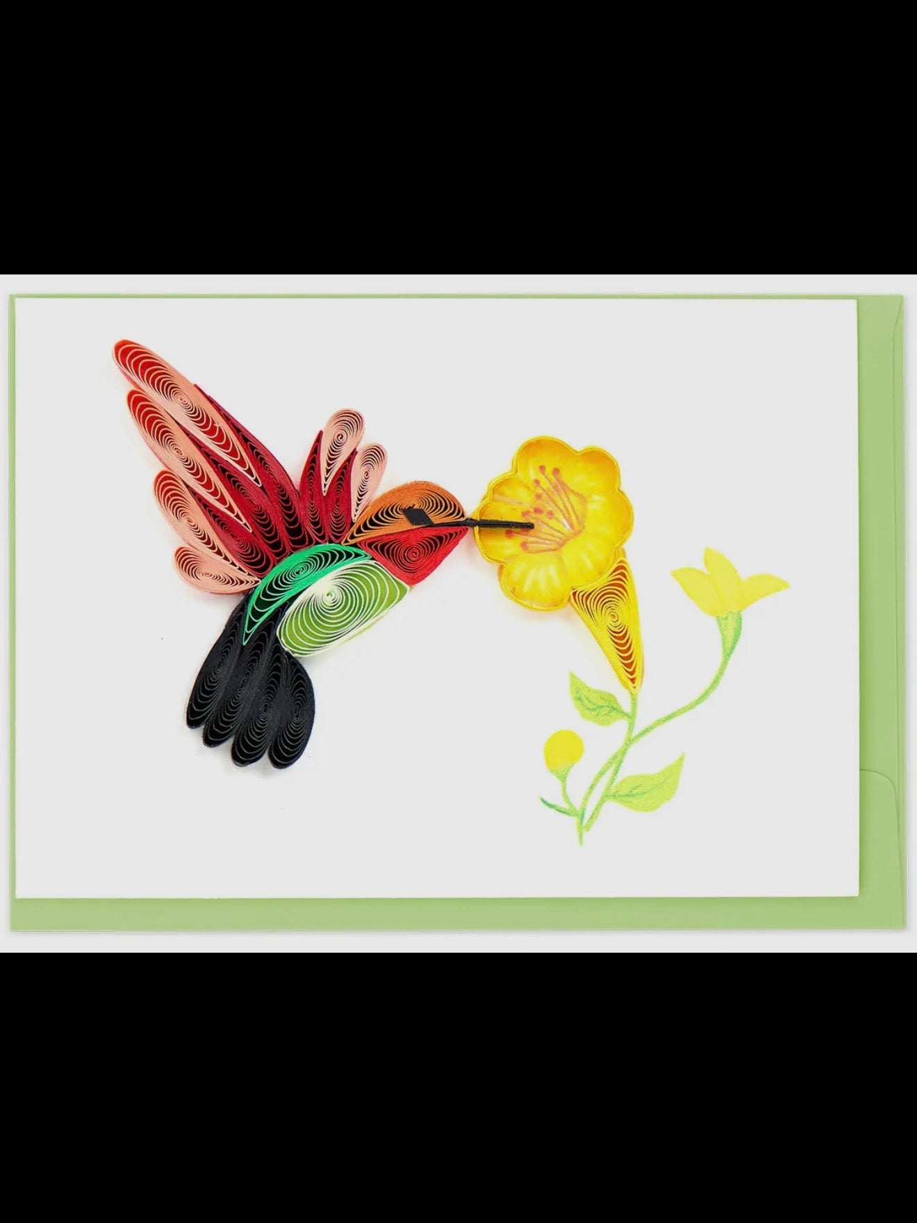 Quilled artwork of a hummingbird and flower on a white background with a green border.