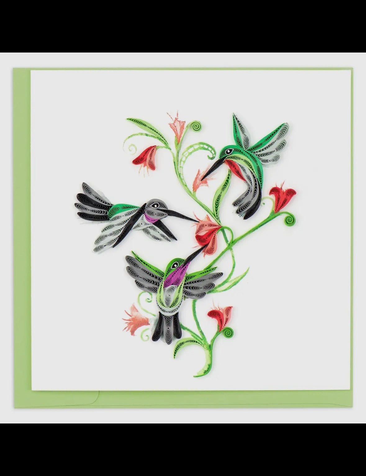 Decorative card with colorful hummingbirds and flowers on a white background
