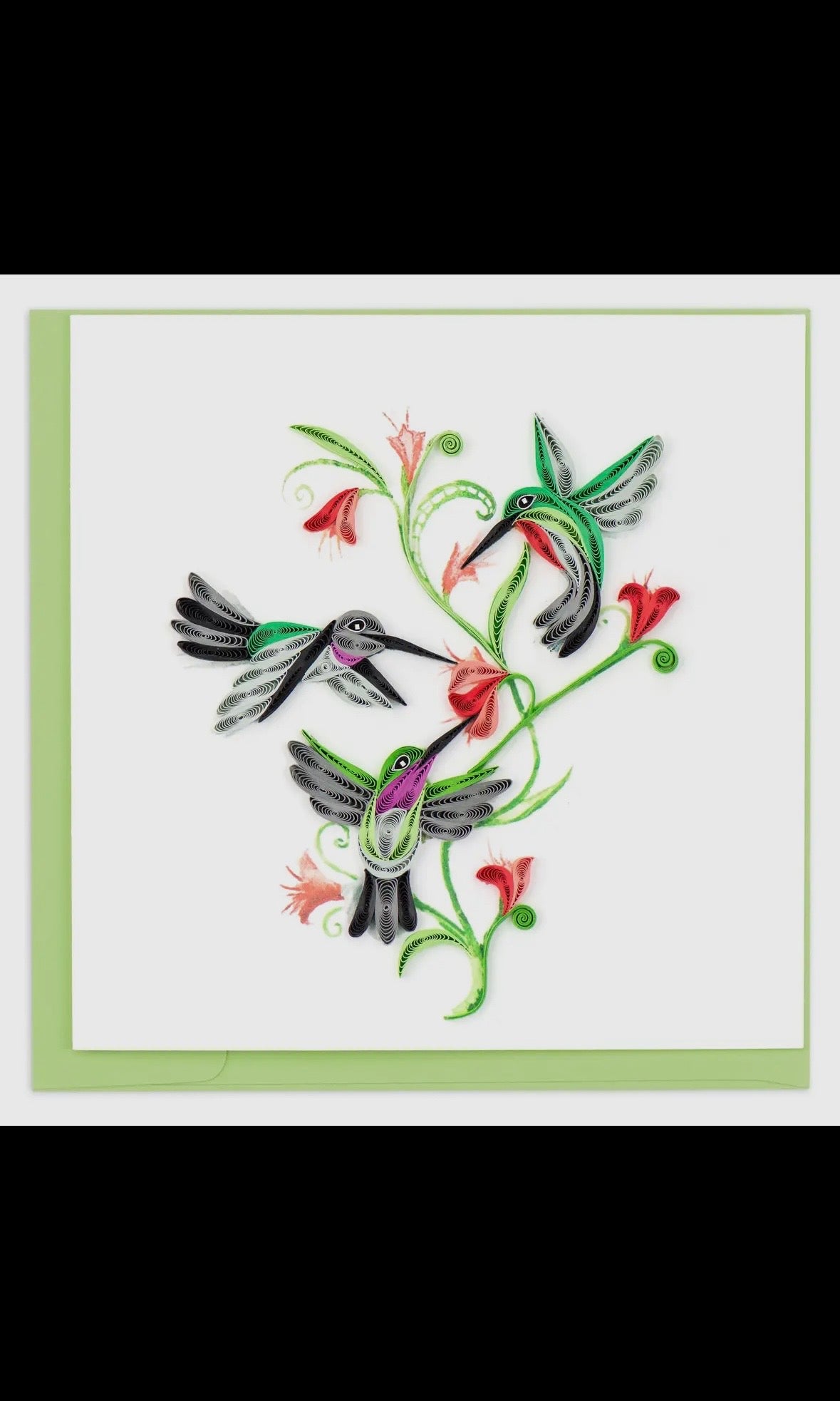Decorative card with colorful hummingbirds and flowers on a white background