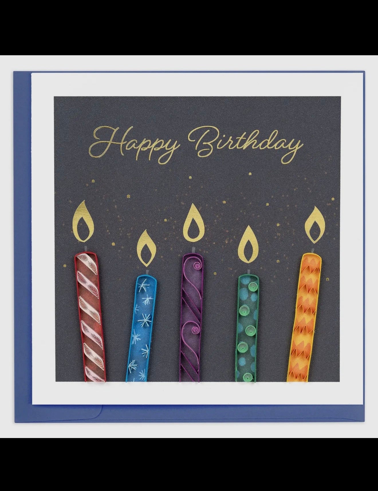 Birthday card with colorful candles and 'Happy Birthday' text on a dark background