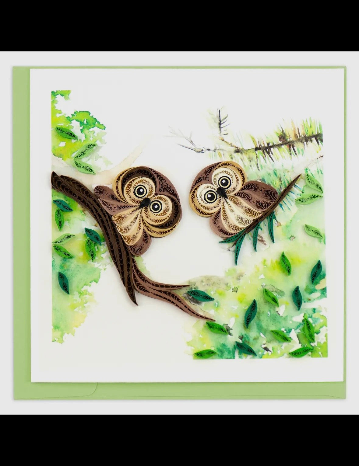 Two owls on a branch with green leaves in the background
