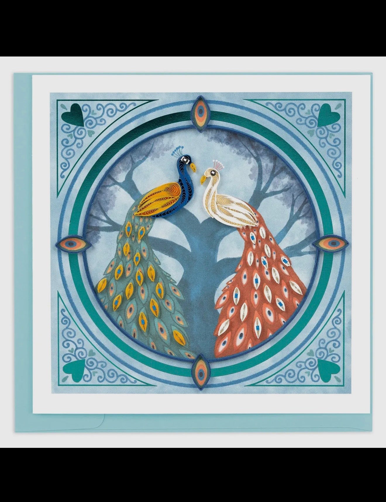 Decorative illustration of two peacocks in a circular design with decorative border