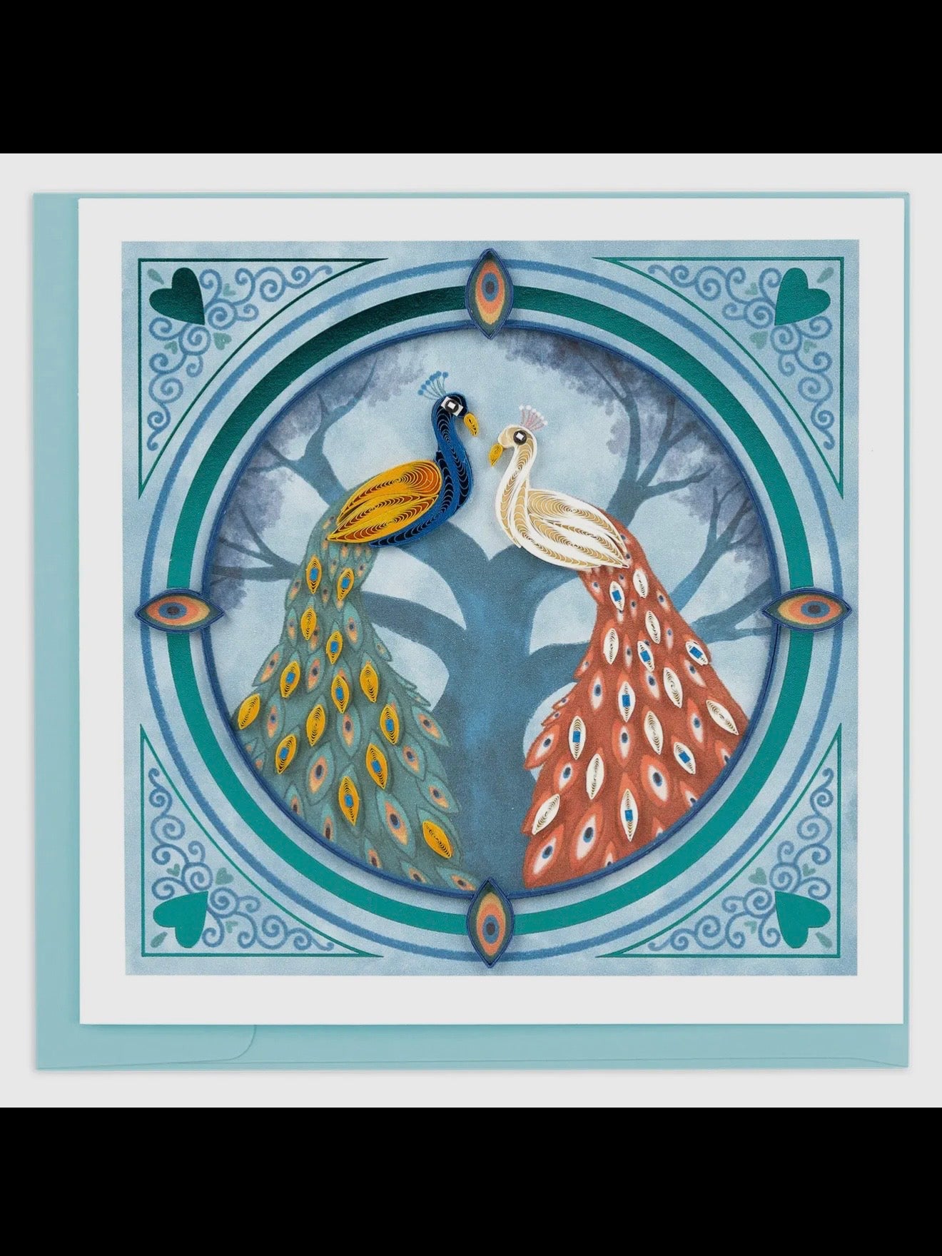 Decorative illustration of two peacocks in a circular design with decorative border