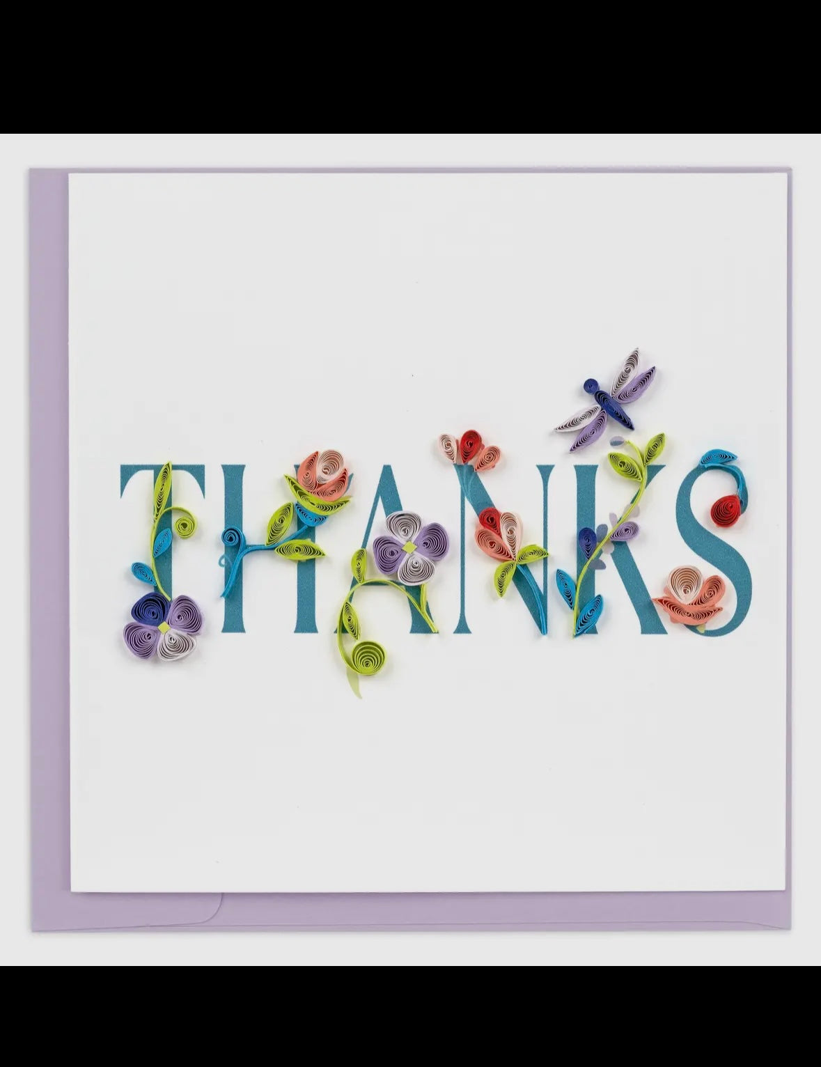 Card with 'THANKS' spelled out using floral and dragonfly designs on a white background.