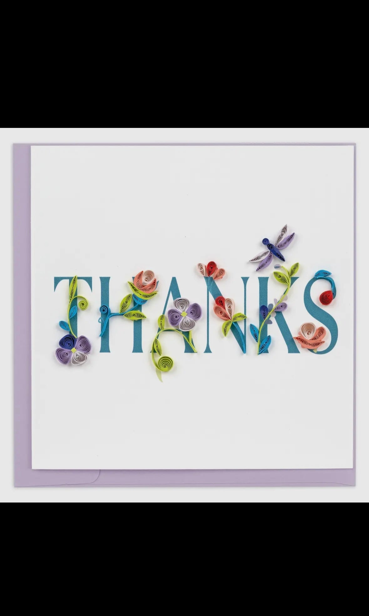 Card with 'THANKS' spelled out using floral and dragonfly designs on a white background.