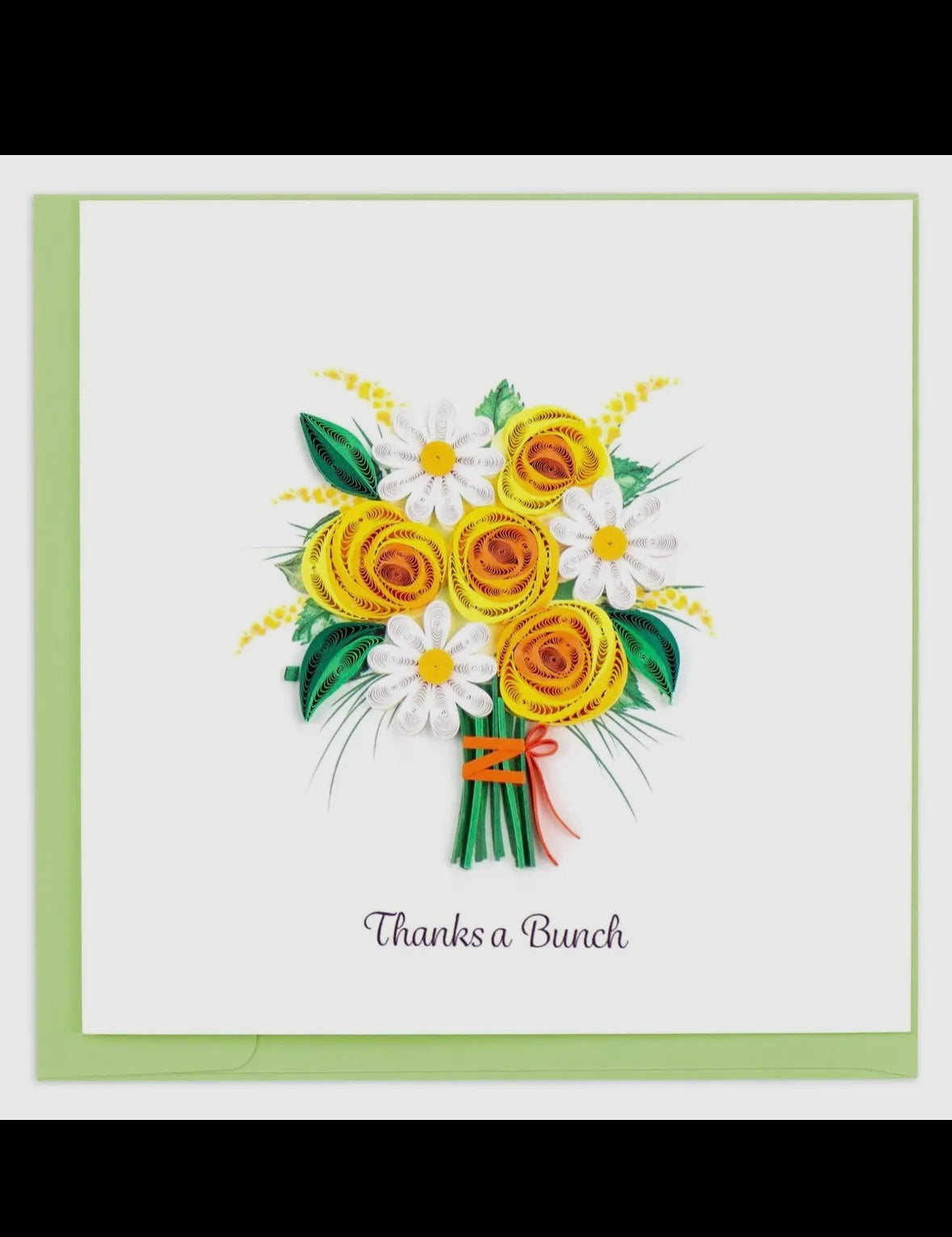 Card with a bouquet of yellow flowers and white daisies on a green border.
