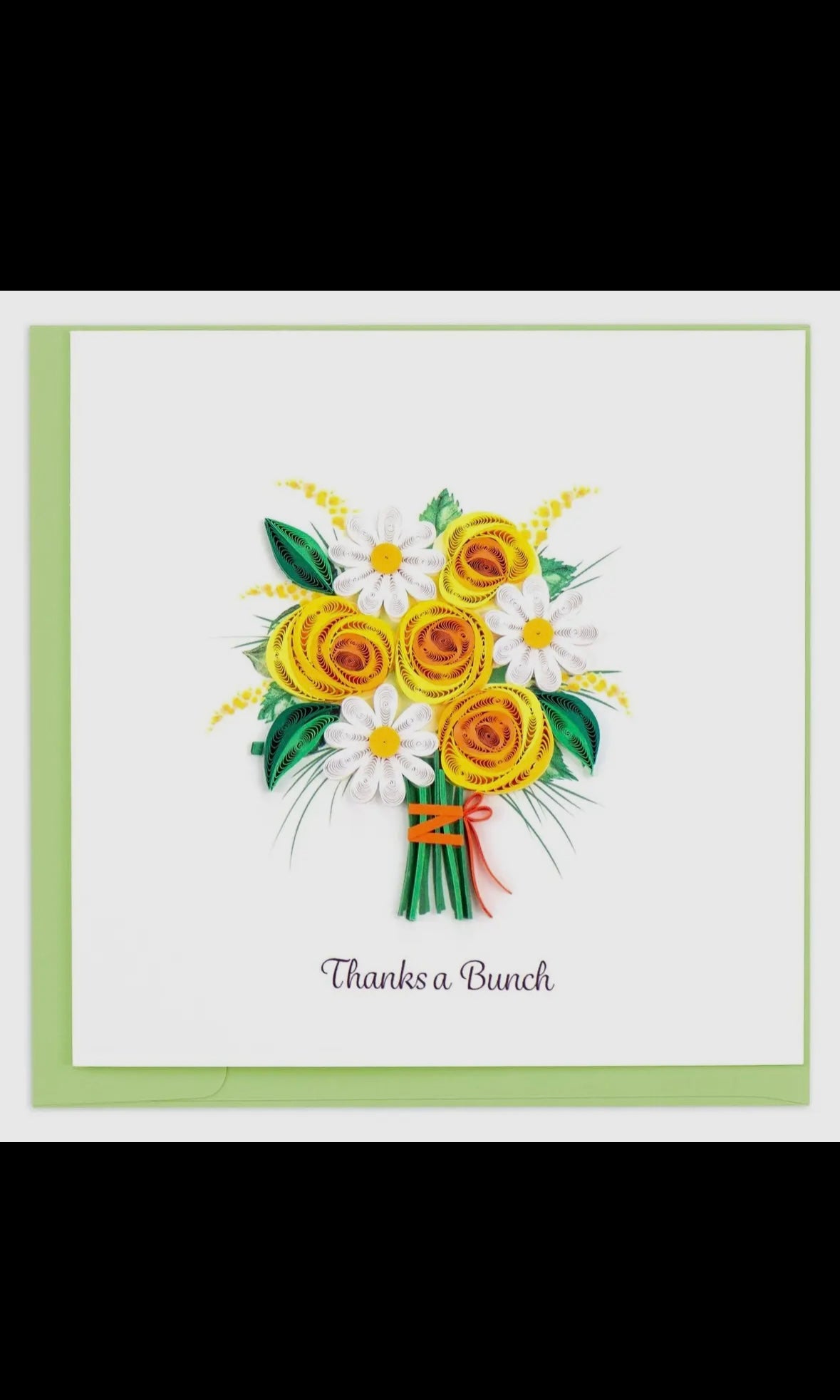 Card with a bouquet of yellow flowers and white daisies on a green border.