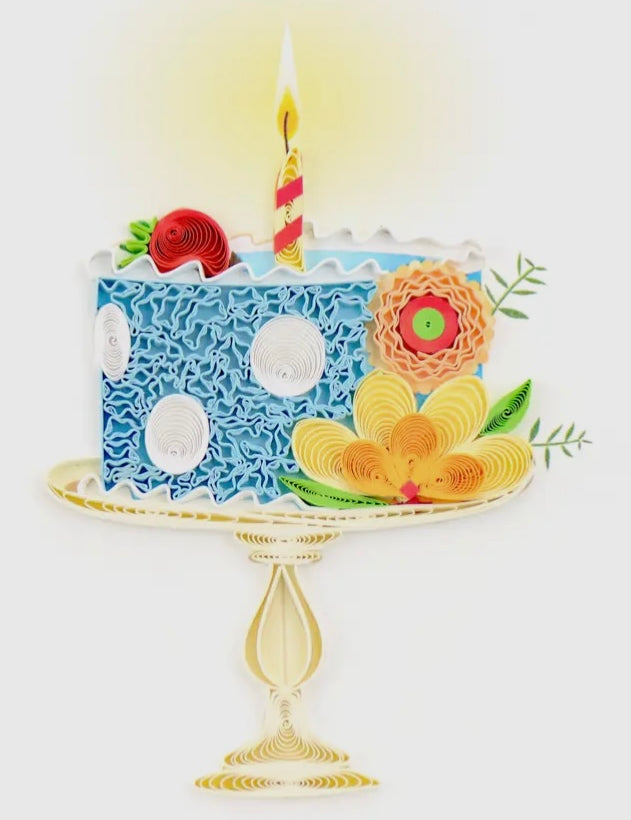 Decorative birthday cake with flowers and a candle on a white background