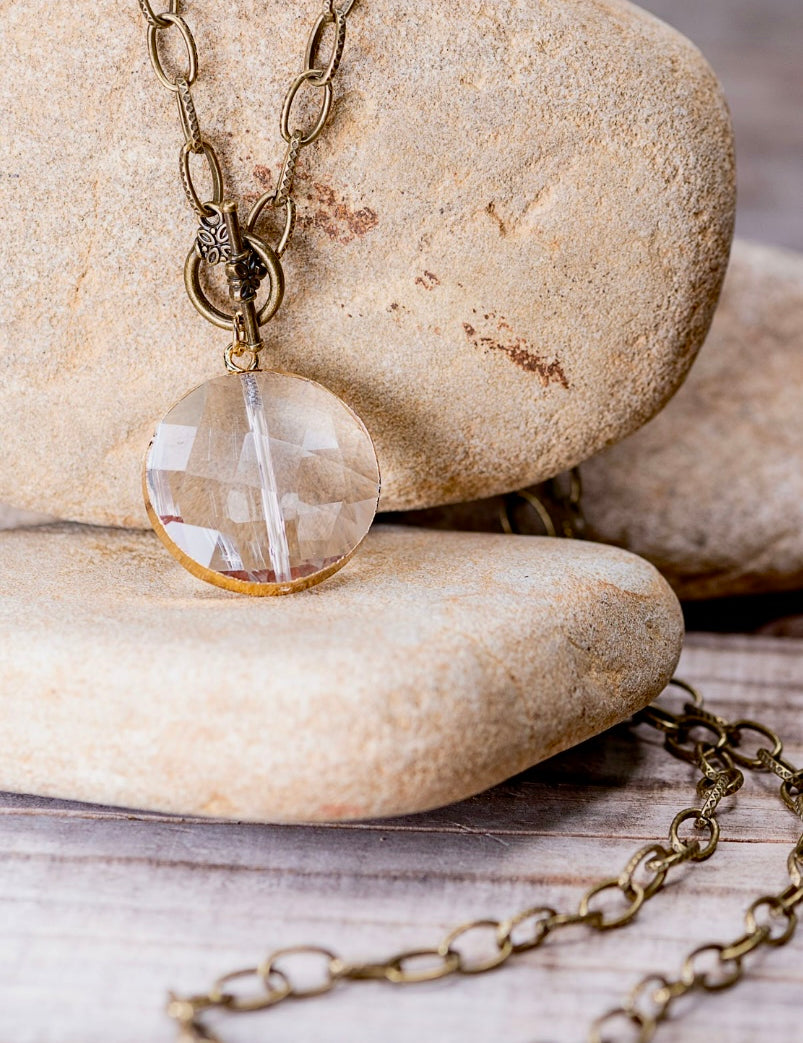 Sage Crystal Stone Circular Pendant Chain Link Necklace