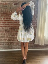 Sage Flower Print 3/4 Sleeve V-Neck Tiered Mini Dress