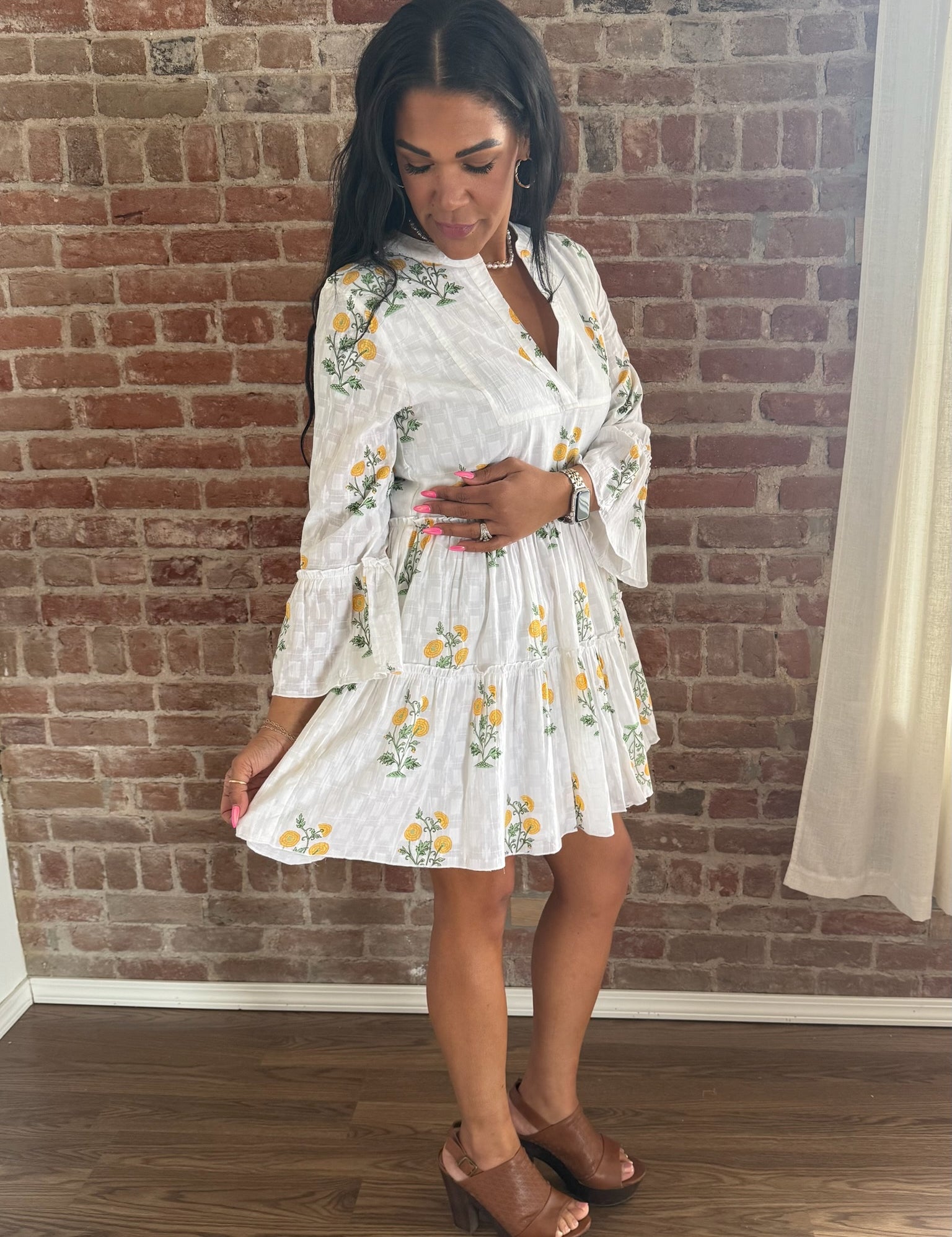 Sage Flower Print 3/4 Sleeve V-Neck Tiered Mini Dress