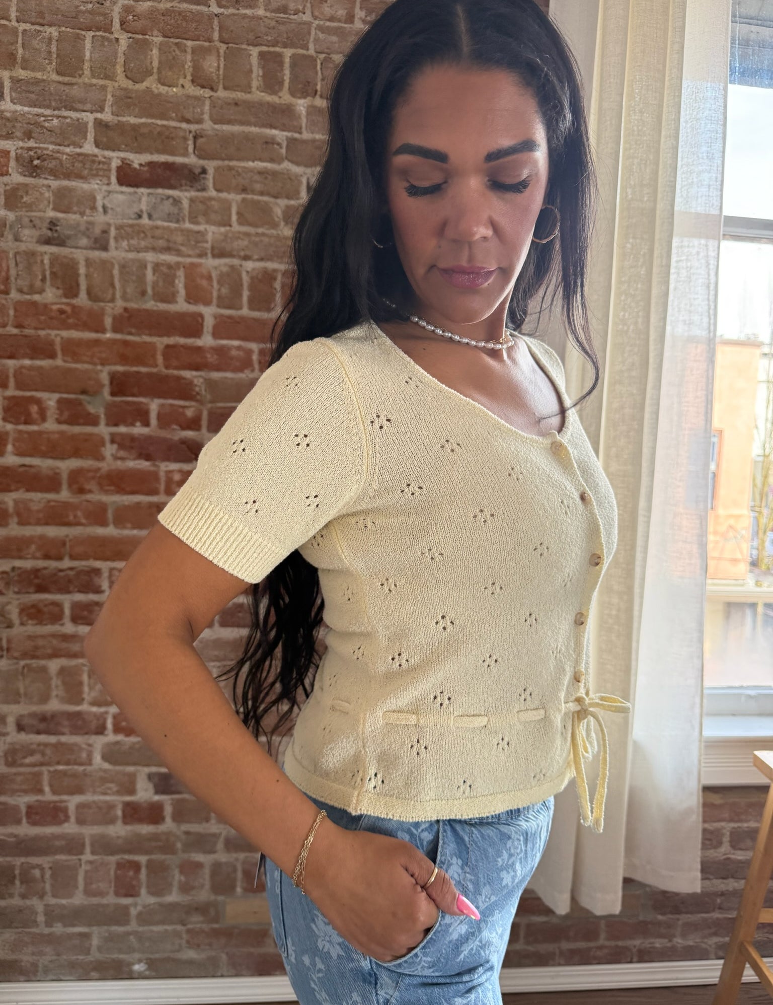 Steven Cream Button Down Puff Sleeve Top