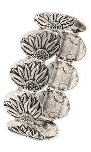 Bracelet Antiqued Silver Etched Sunflower Stretch Bracelet
