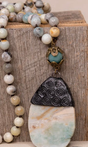 Carlita Amazonite Stone Pendant Charm Long Beaded Necklace
