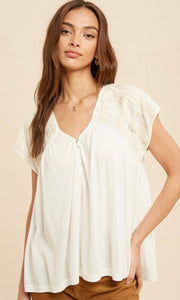 Aliana - Off White Embroidered Contrast Knit Shirt Top
