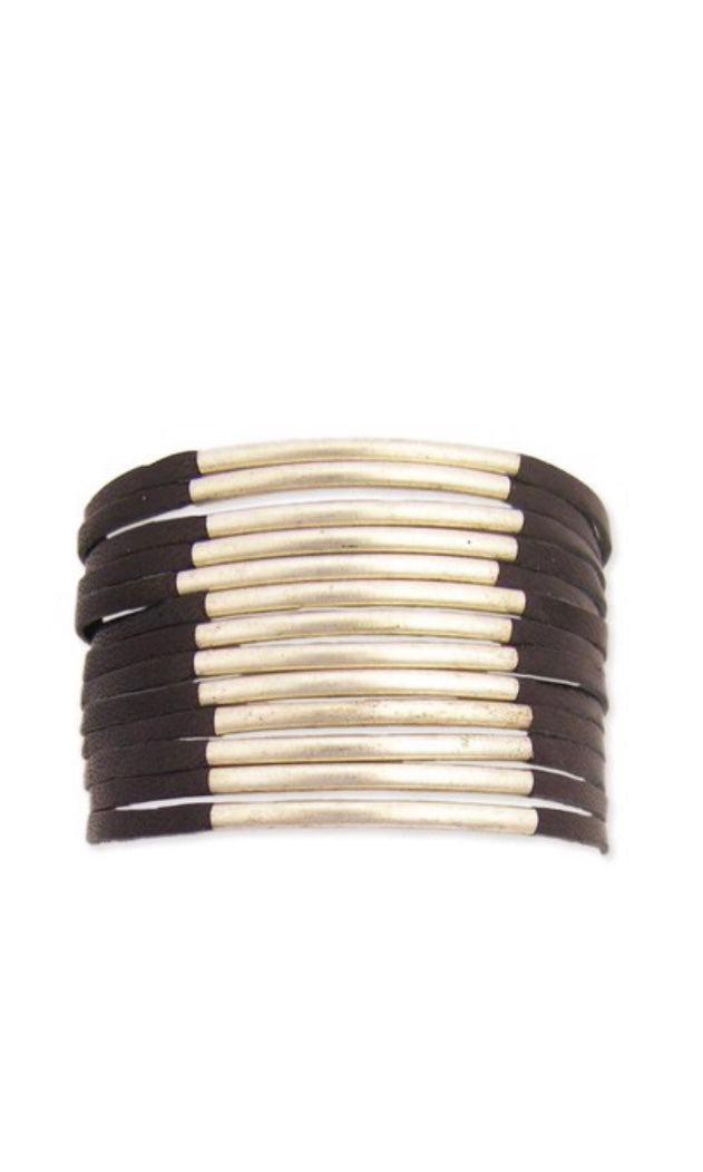 Chic Black Leather and Silver Bar Cuff Bracelet