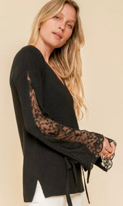Alax Black Lace Contrast Bell Sleeve Sweater Top