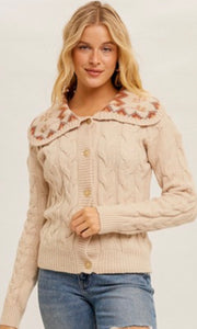 Ayerlin Almond Cableknit Fair Isle Cardigan Sweater Jacket