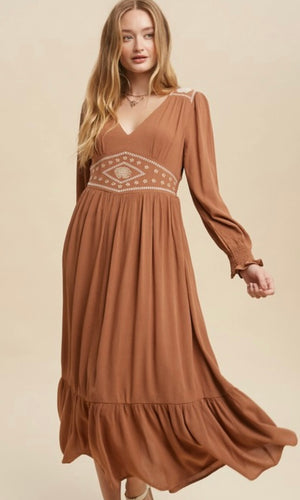 Abagale Earthen Brown Embroidered Empire Midi Dress