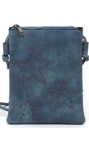 Bex Denim Blue Vegan Leather Star Crossbody Cellphone Bag