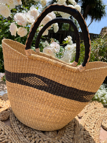 Authentic Large Market Basket Leather Handle Straw Tote Bag