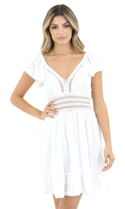 *SALE! Arita White Lace Trim Boho Smocked Empire Dress
