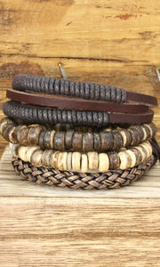 Rustic Leather and Wood Unisex Set Bracelet