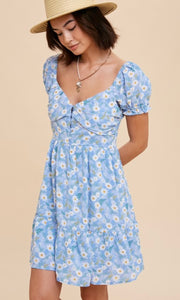 *SALE! Abany Cornflower Blue Floral Print Button Front Smocked Dress