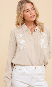 Absa - Ecru Floral Embroidery Tie-Front Blouse Shirt