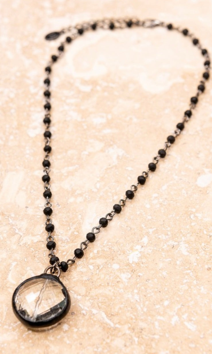 Ariel Acorn Crystal Stone Pendant Black Beaded Necklace