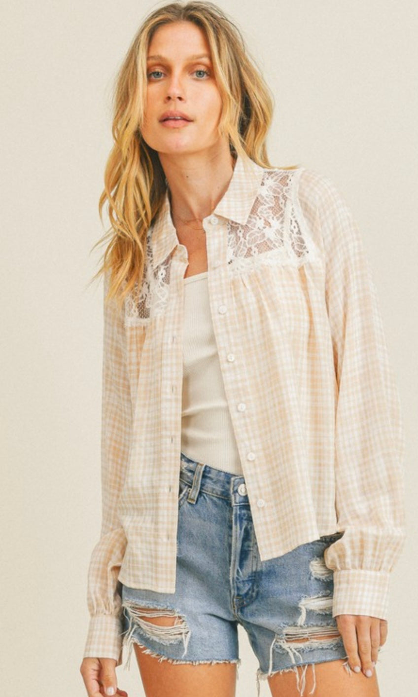 *SALE! Andey Sand Lace Contrast Plaid Cropped Shirt Jacket