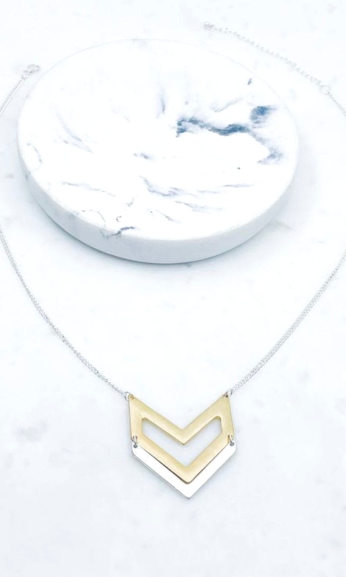 Chevron Mixed Metal Charm Pendant Short Necklace