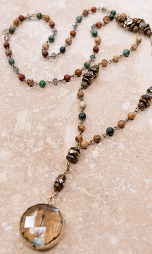 Brandy Tiger Eye Drop Crystal Pendant Beaded Long Necklace